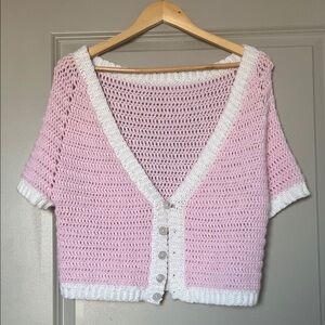 Chunky Short-Sleeve Cardigan | Pink/White | S